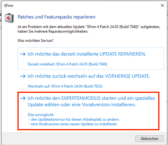 Screenshot SFirm-Patches und Featurepacks verwalten