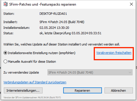 Screenshot zum Link Vorabversion freischalten