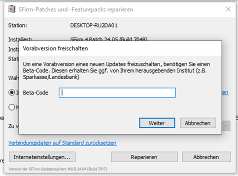 Screenshot Eingabefenster Beta-Code